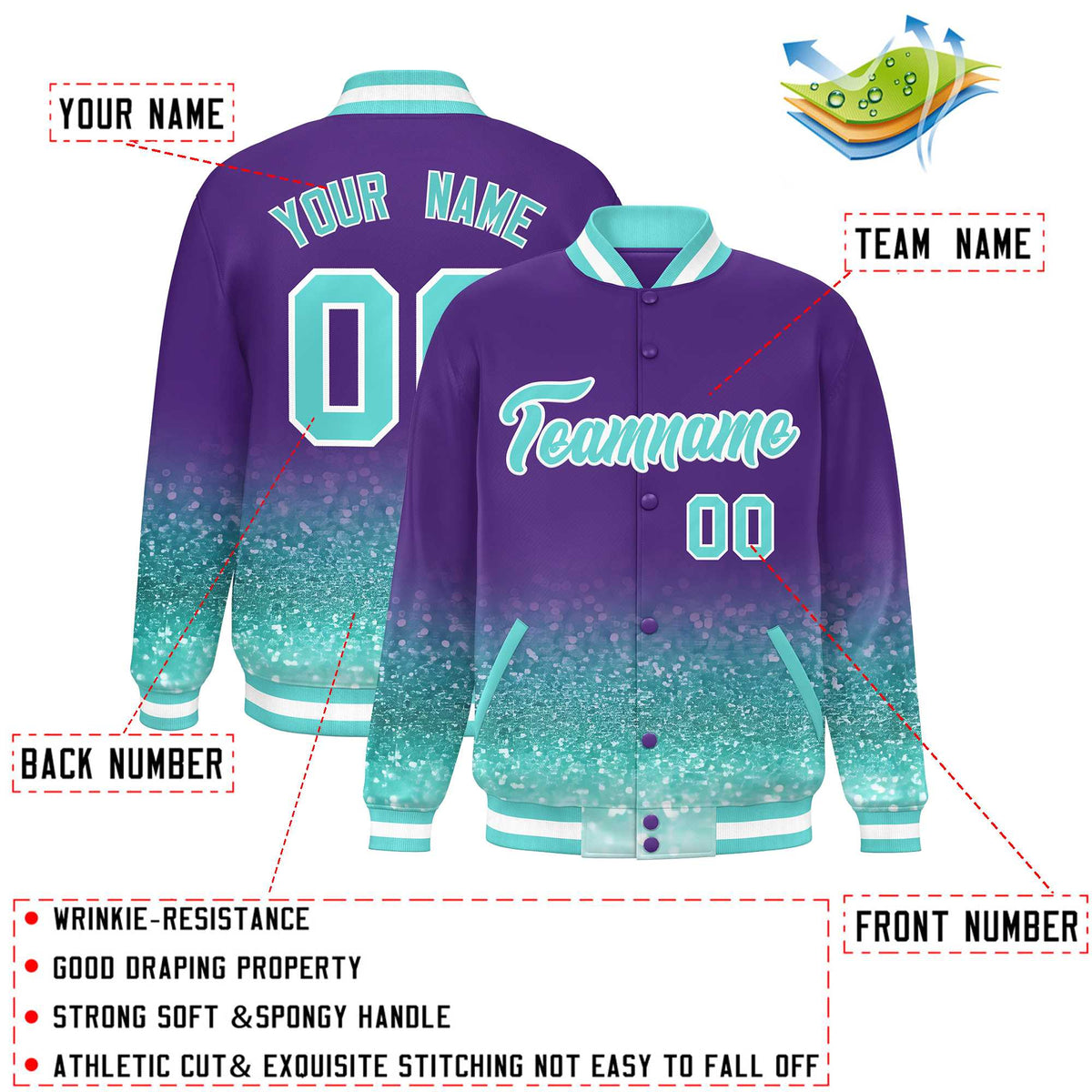 Custom Purple Varsity Full-Snap Sparkle-Effect Pattern Letterman Baseball Jacket