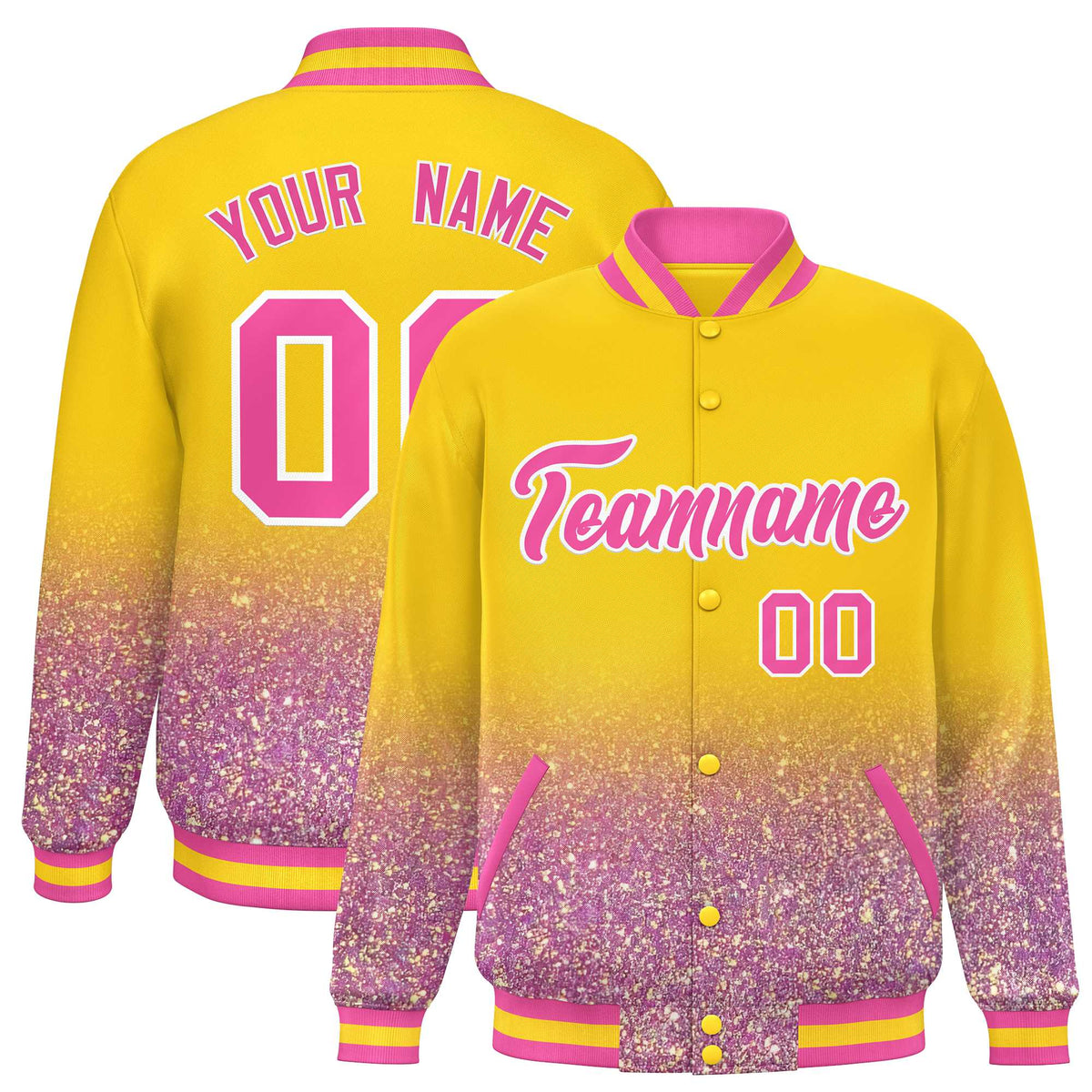 Custom Gold Varsity Full-Snap Sparkle-Effect Pattern Letterman Baseball Jacket