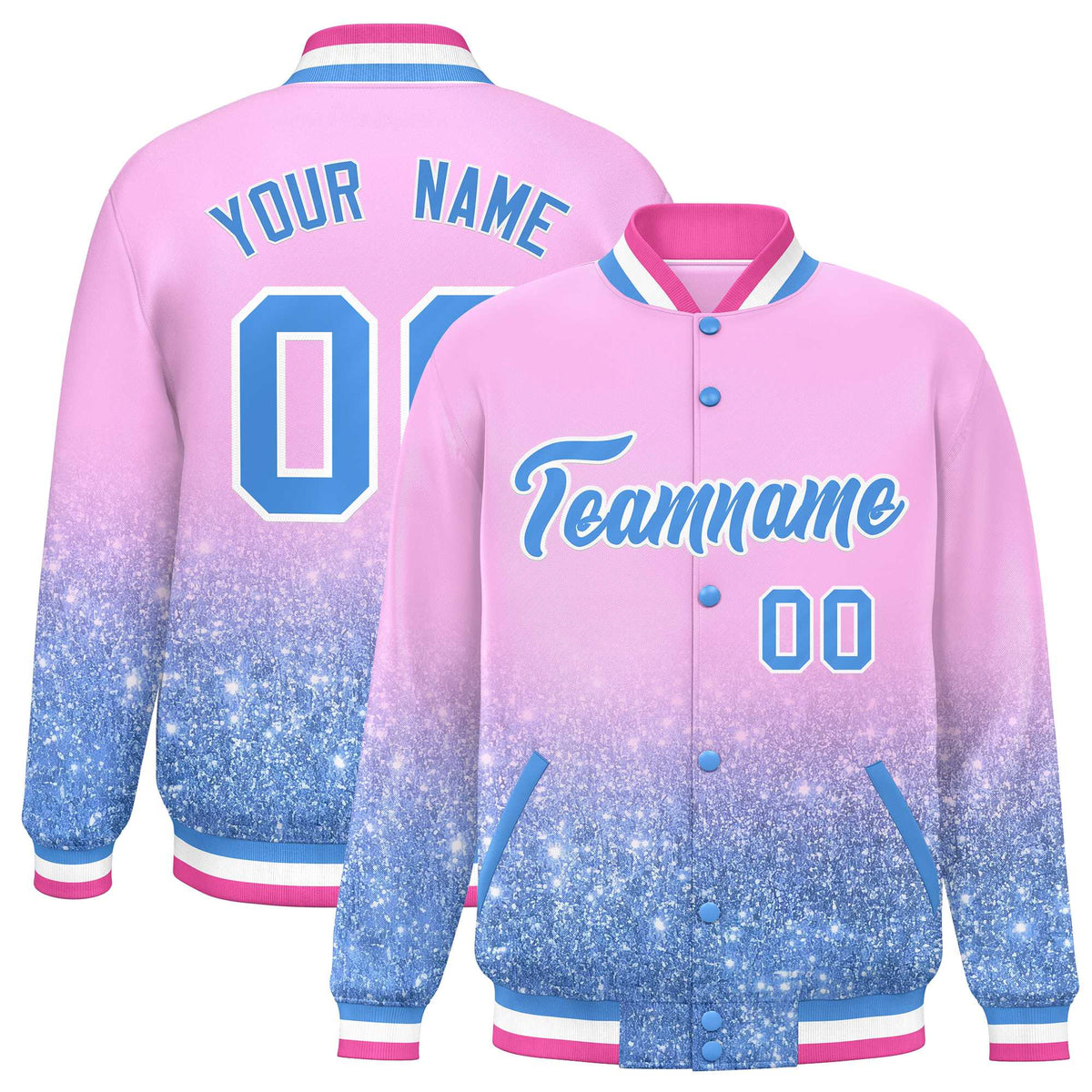 Custom Light Pink Varsity Full-Snap Sparkle-Effect Pattern Letterman Baseball Jacket
