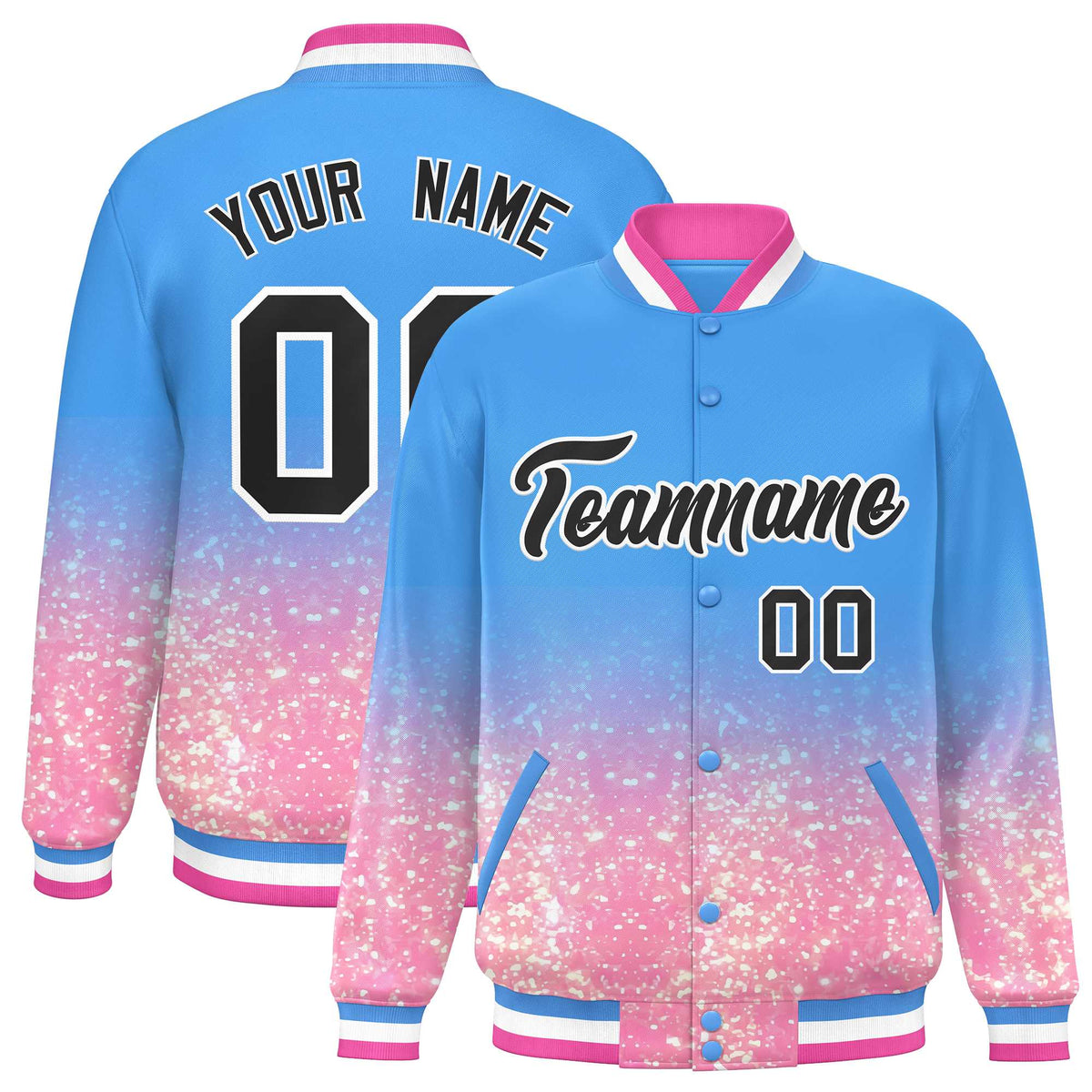 Custom Powder Blue Varsity Full-Snap Sparkle-Effect Pattern Letterman Baseball Jacket