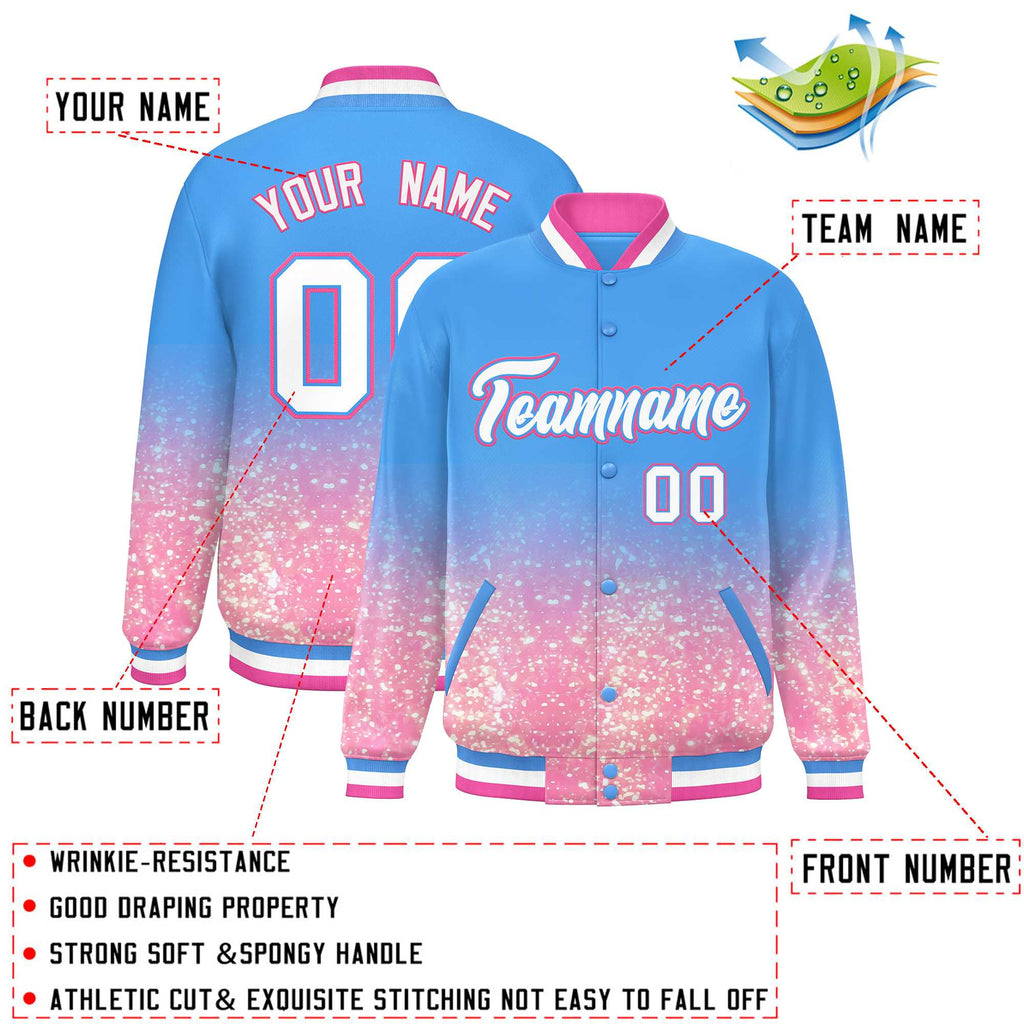 Custom Powder Blue Varsity Full-Snap Sparkle-Effect Pattern Letterman Baseball Jacket