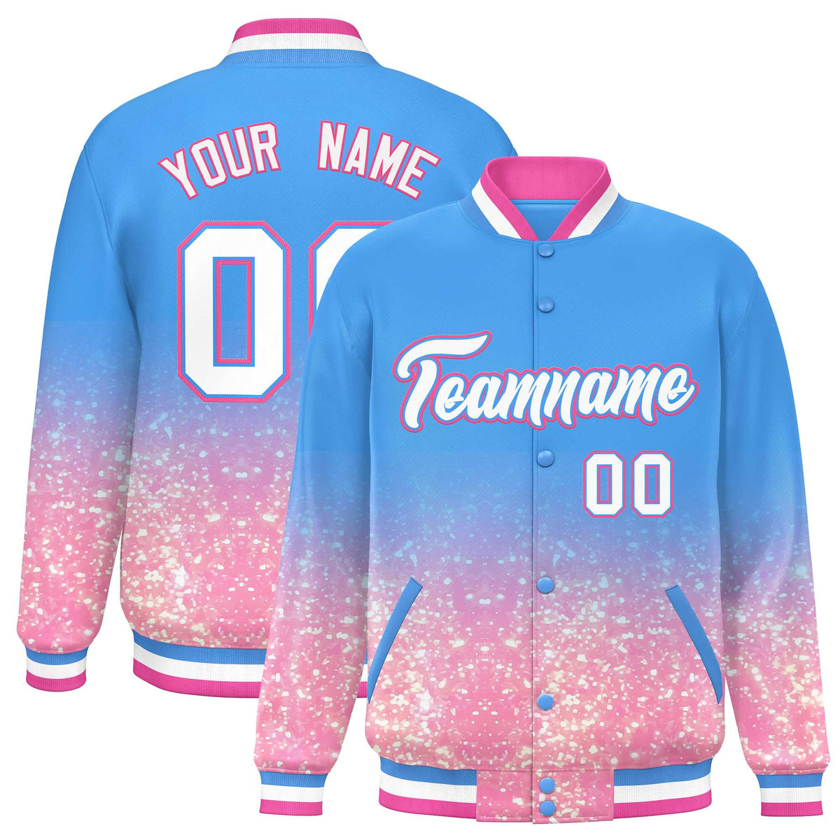 Custom Powder Blue Varsity Full-Snap Sparkle-Effect Pattern Letterman Baseball Jacket