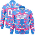 Custom Powder Blue Pink-White Varsity Full-Zip Camo Letterman Bomber Jacket