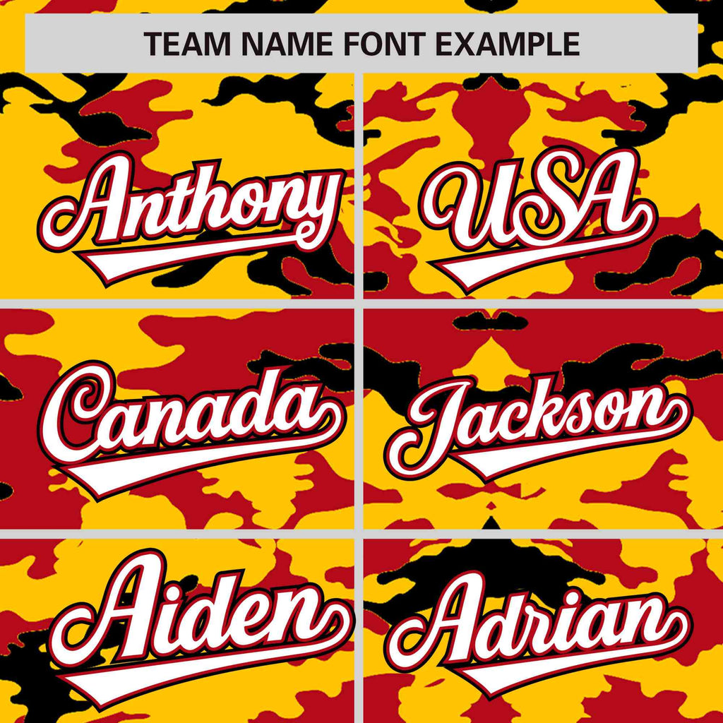 Custom Gold Red-Black Varsity Full-Zip Camo Letterman Bomber Jacket