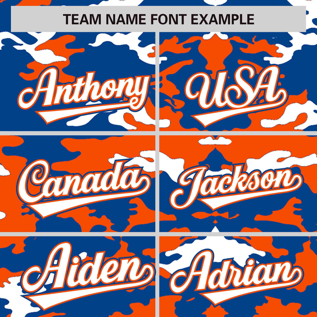 Custom Royal Orange-White Varsity Full-Zip Camo Letterman Bomber Jacket