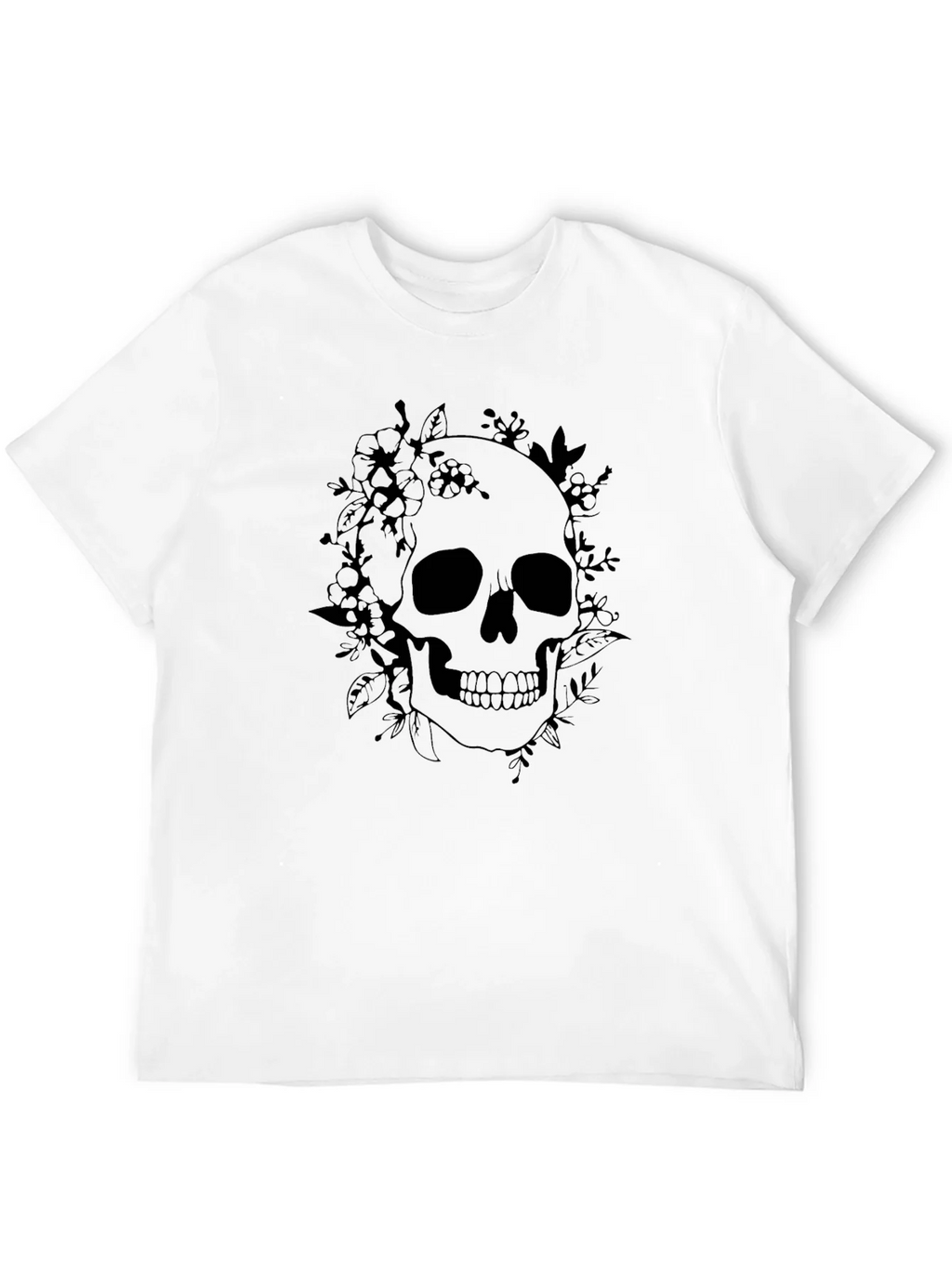 Floral Skull Graphic Tee - Black Cotton T-Shirt