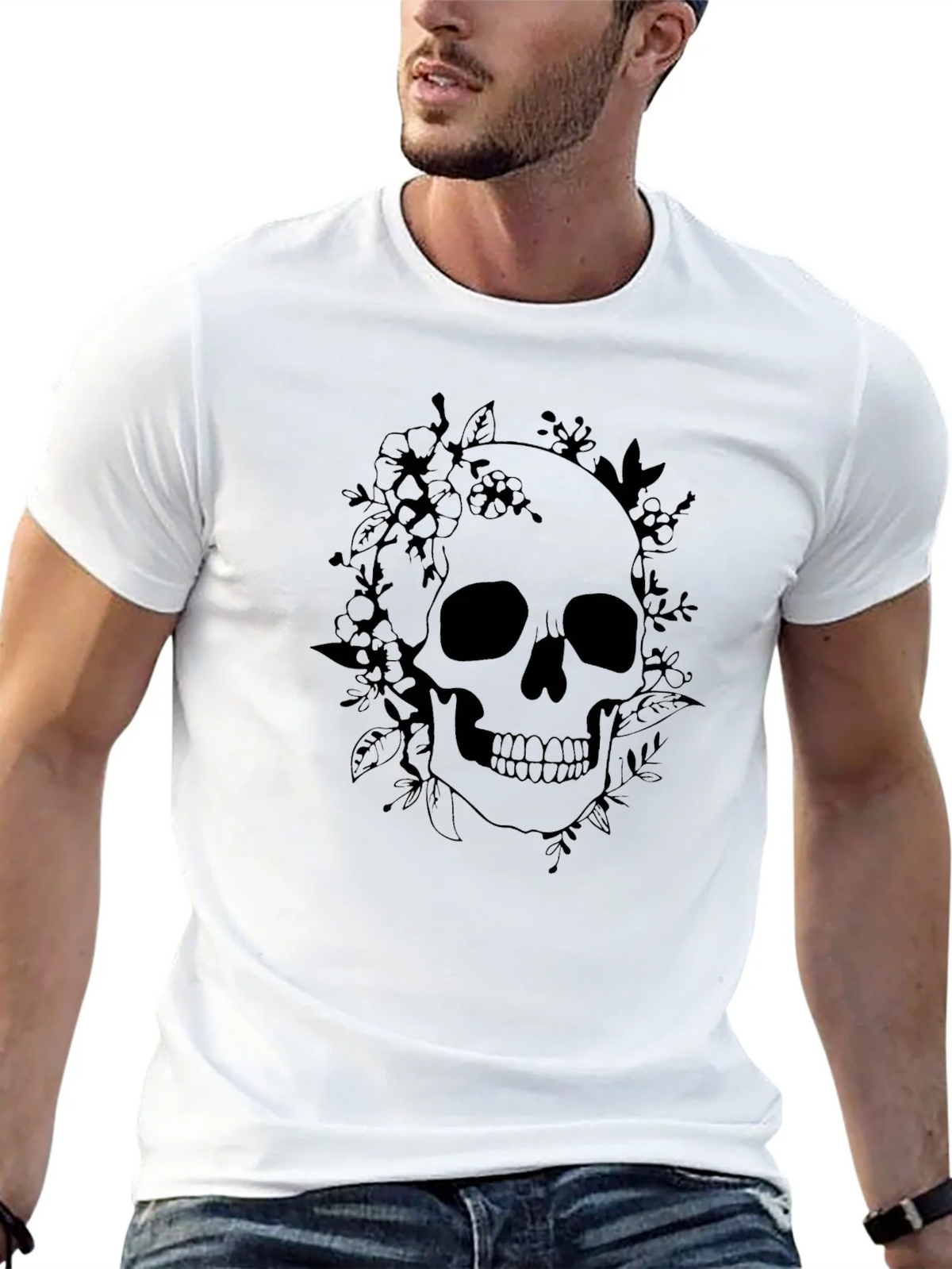 Floral Skull Graphic Tee - Black Cotton T-Shirt