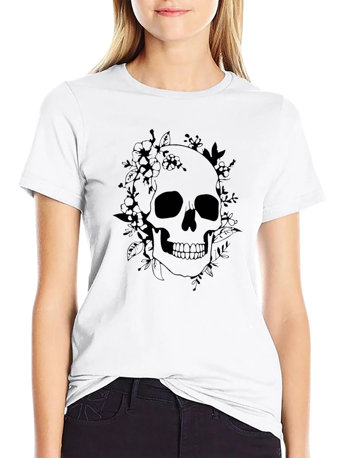 Floral Skull Graphic Tee - Black Cotton T-Shirt
