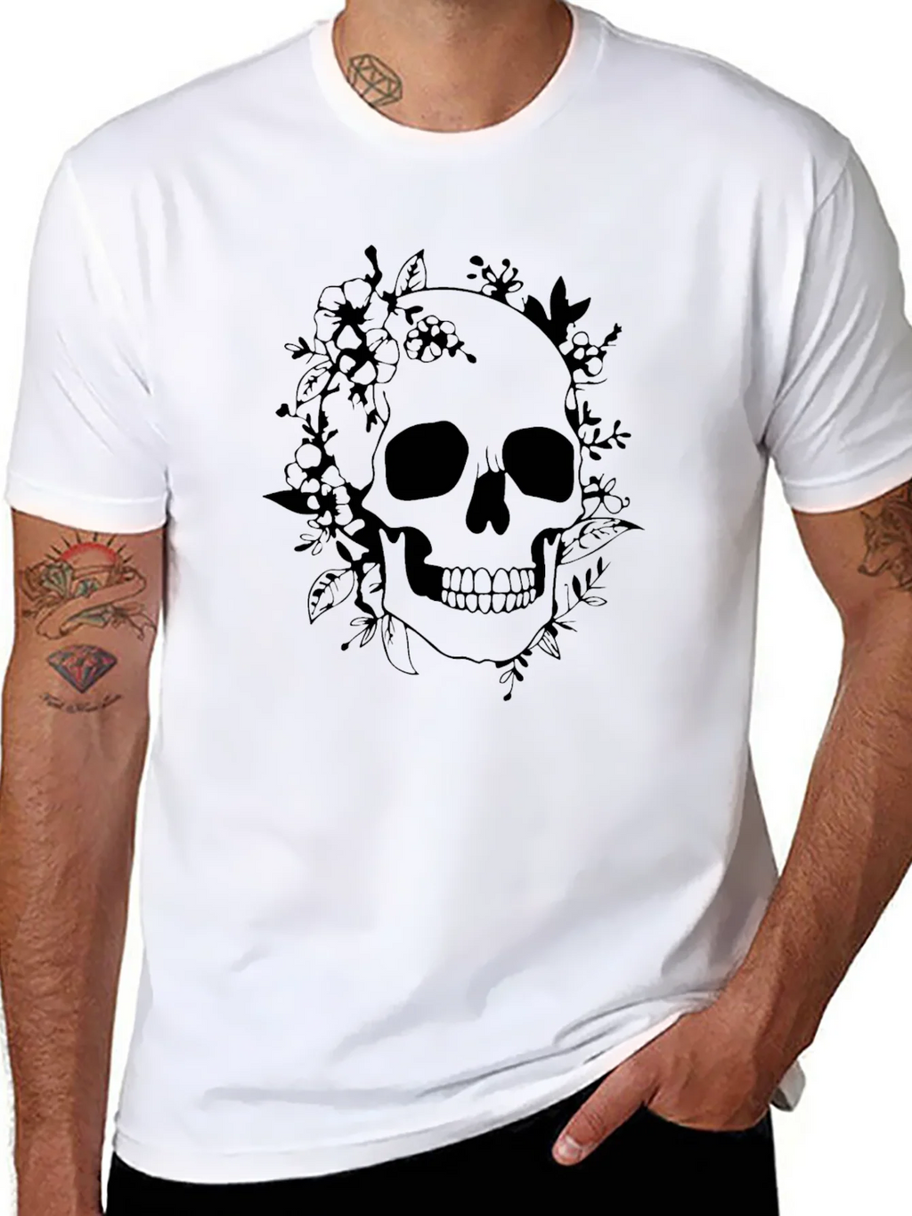 Floral Skull Graphic Tee - Black Cotton T-Shirt
