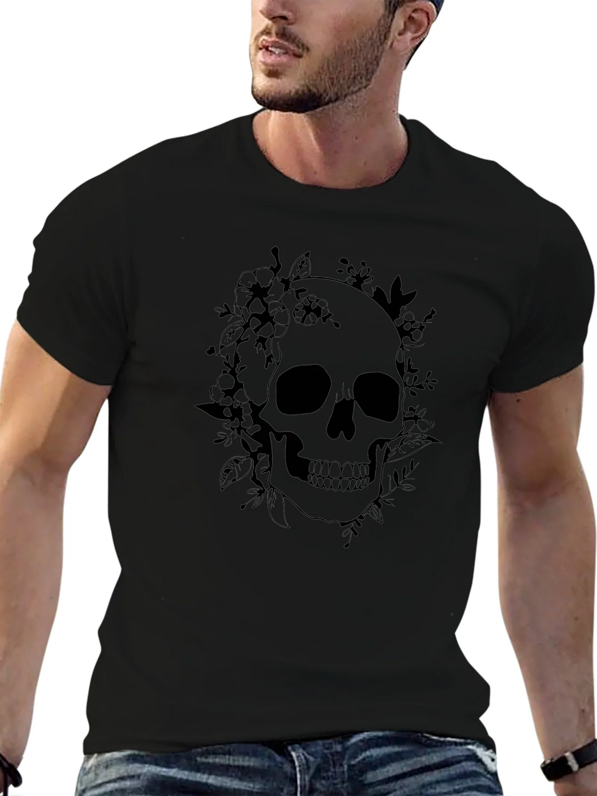Floral Skull Graphic Tee - Black Cotton T-Shirt
