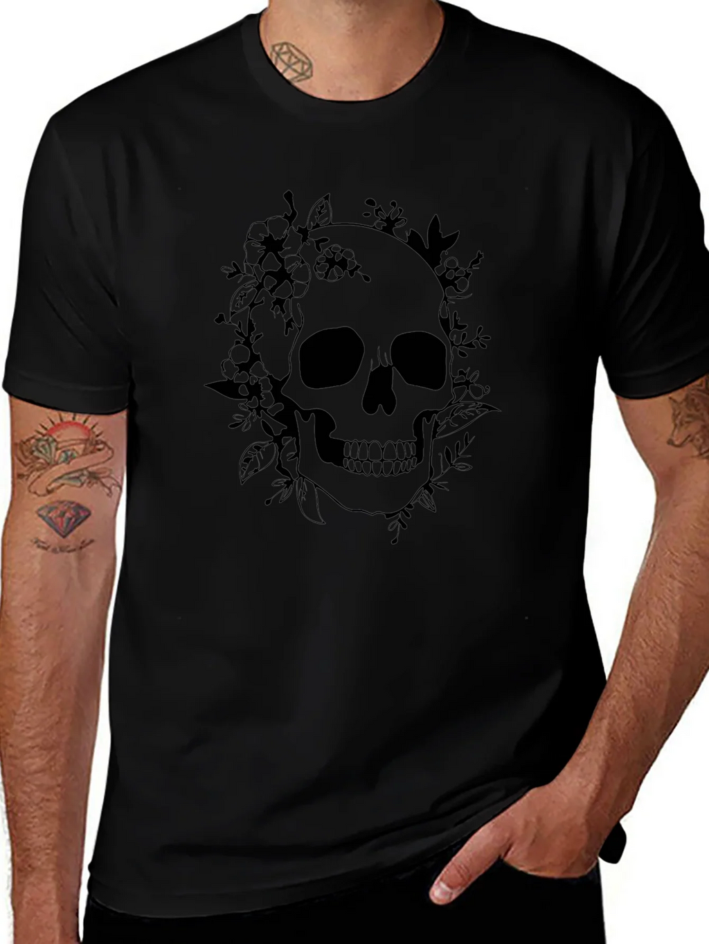 Floral Skull Graphic Tee - Black Cotton T-Shirt