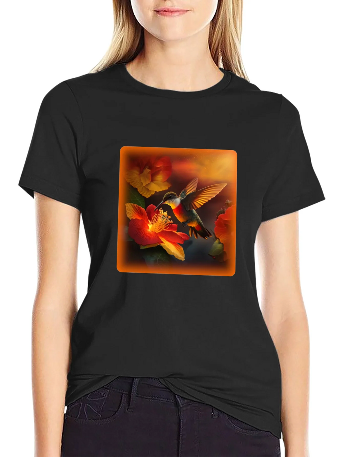 Hummingbird Floral Graphic Tee - Black